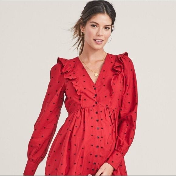 Hatch Red Embroidered Midi Button  Long Sleeve Cotton Dress Size S - Picture 3 of 16